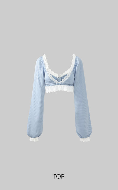 Lace Trim Lantern Sleeve Top & Shorts Set
