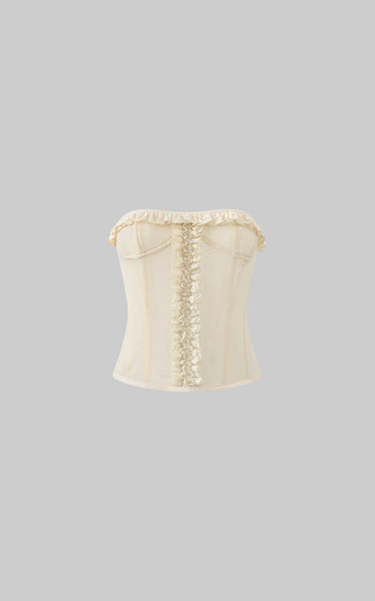 Sheer Mesh Corset Top with Ruffle Lace Trim
