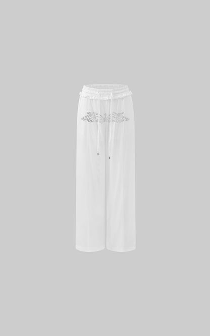 Rhinestone Wing Motif Wide-Leg Pants