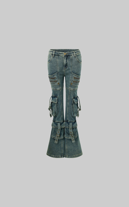 Multi-Pocket Distressed Flared Jeans