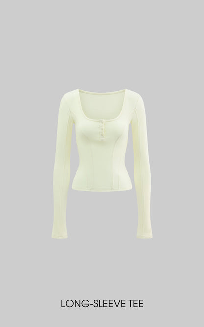 Cream Yellow Fitted Long-Sleeve Tee & Relaxed Shorts Set