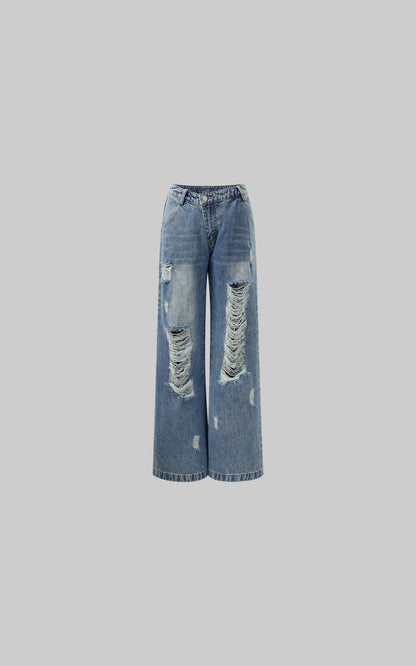 Distressed Wide-Leg Washed Denim Jeans