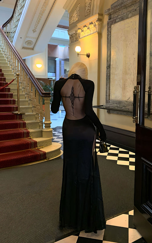 Embroidered Sheer Cross Motif High-Neck Maxi Dress
