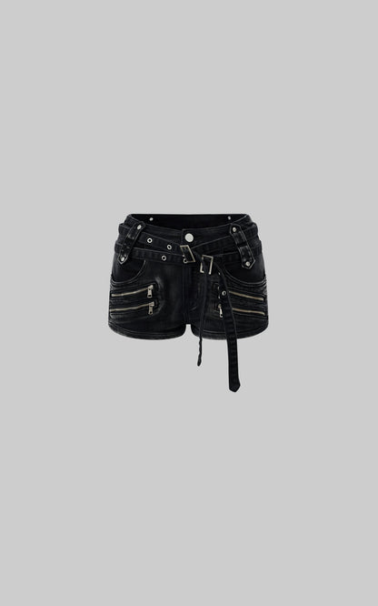 Multi-Belt Deconstructed Utility Denim Shorts
