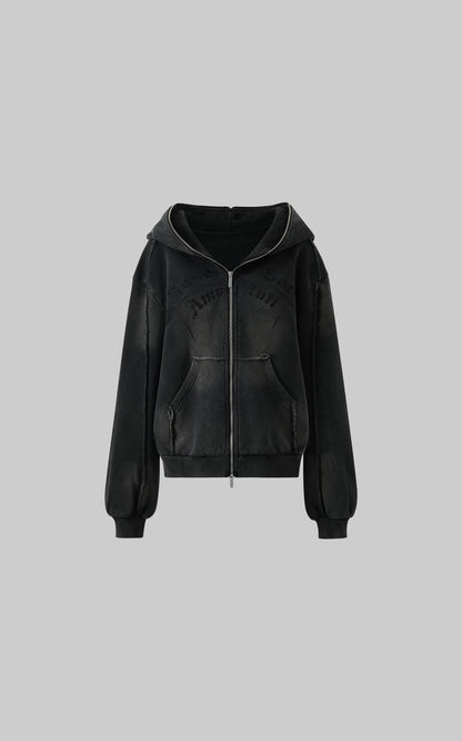 Graphic Distressed Zip Hoodie