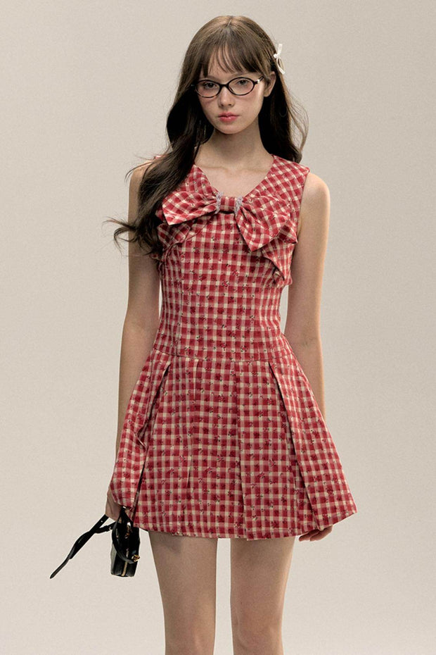 Red Check Floral Bow Vest Dress - My Store