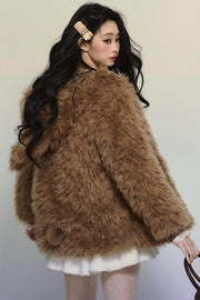 Rabbit Fur Hooded Plush Coat - My Store