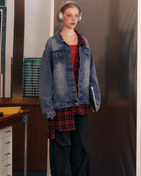 Denim Jacket Layered Check Shirt