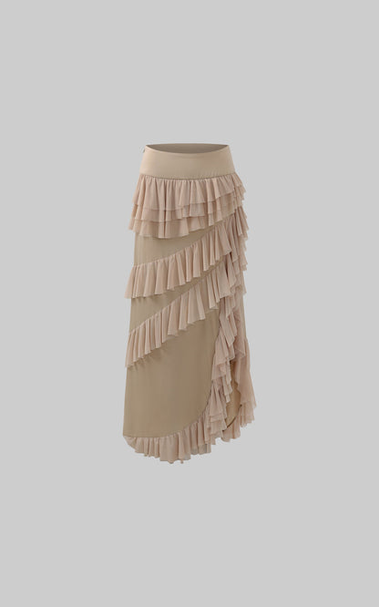 Layered Sheer Ruffle Panel Asymmetric Skirt