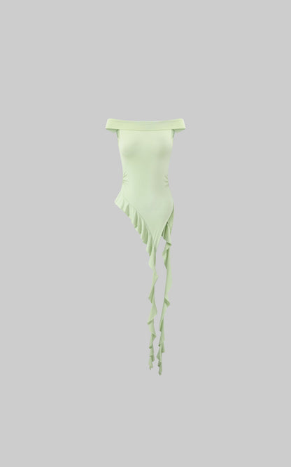 Asymmetric Off-Shoulder Top with Beaded Back Chain