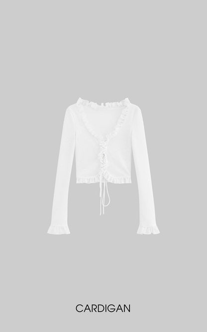 Rosette Lace-Up Cardigan & Ruffle Mini Skirt Set