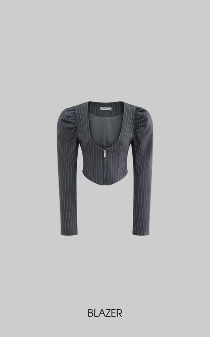Striped Panel Blazer & High-Waisted Skirt Set