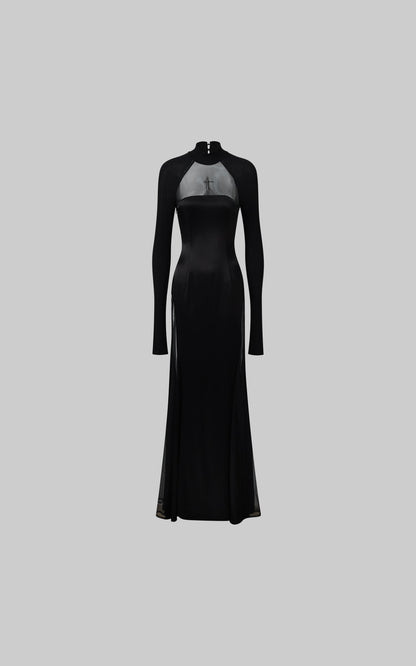 Embroidered Sheer Cross Motif High-Neck Maxi Dress