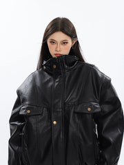 Drop Shoulder Faux Leather Bomber Jacket