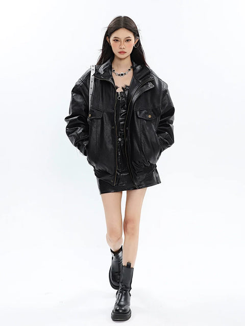 Drop Shoulder Faux Leather Bomber Jacket