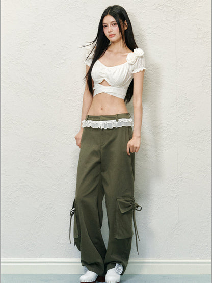 Lace Trim Pocket Bow Trouser Pants