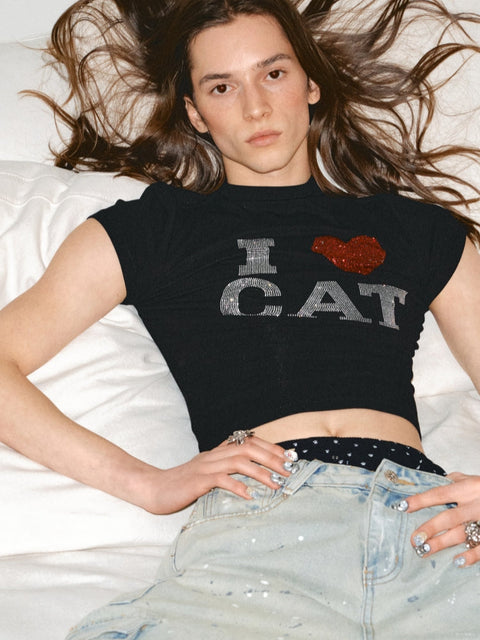 1Jinn Studio "I ♥ CAT" Rhinestone Fitted T-shirt