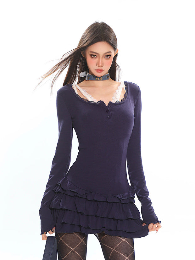 Tiered Ruffle Long Sleeve Mini Dress with Lace Trim