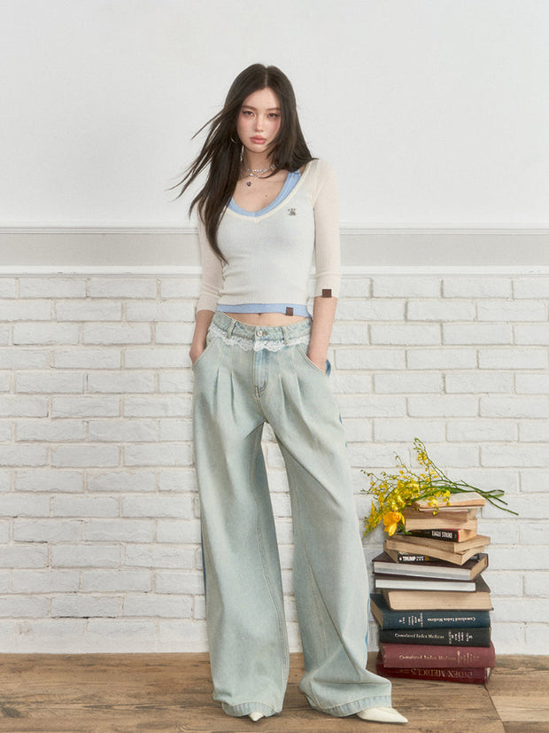 Lace-Panel Straight Denim Jeans