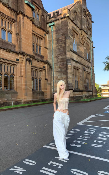 Deconstructed Double-Waistband White Cargo Trousers