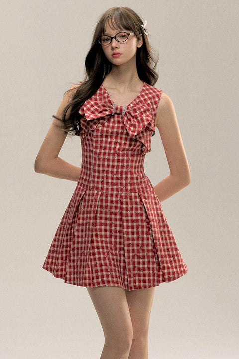 Red Check Floral Bow Vest Dress - My Store