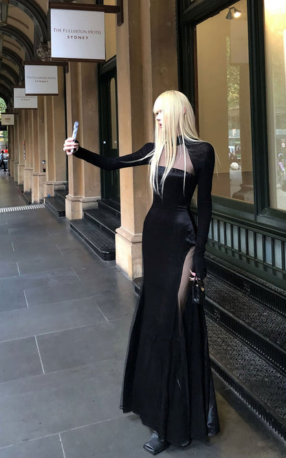Embroidered Sheer Cross Motif High-Neck Maxi Dress