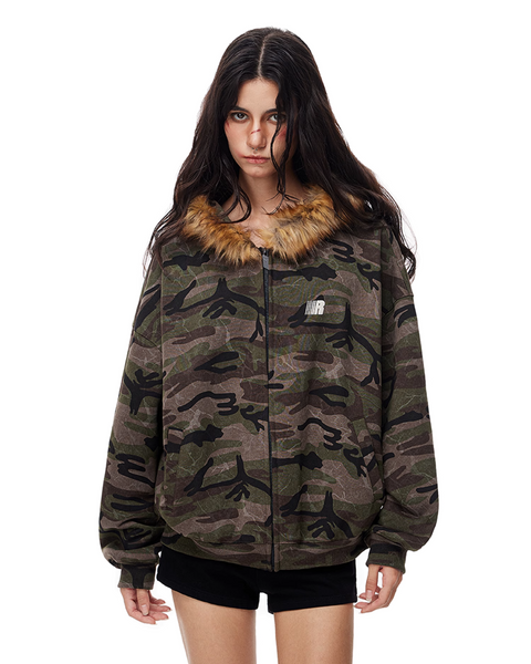 Camouflage Pattern Fur Collar Zip Jacket