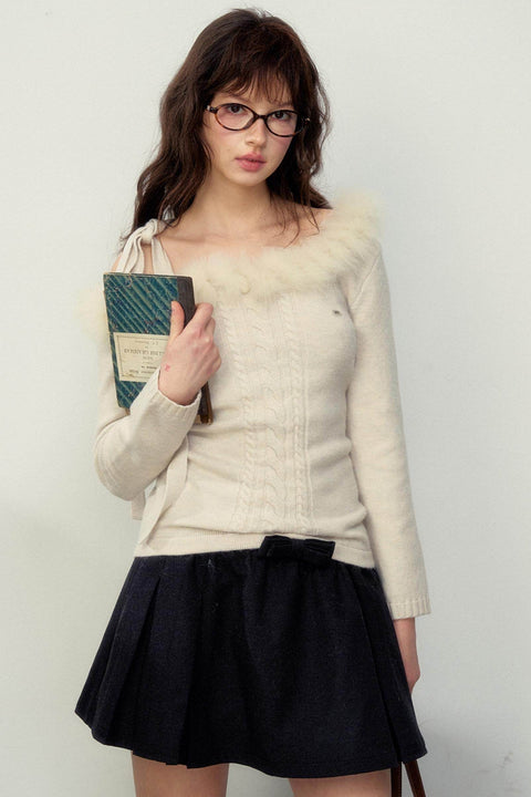 Fur Collar Slim Knit Sweater Top - My Store