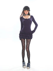 Tiered Ruffle Long Sleeve Mini Dress with Lace Trim