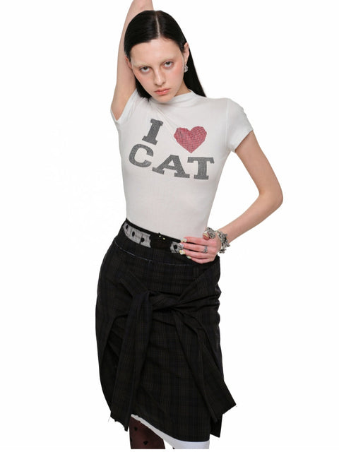 1Jinn Studio "I ♥ CAT" Rhinestone Fitted T-shirt