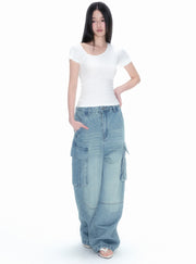 Multi-Pocket Wide Cargo Denim Pants