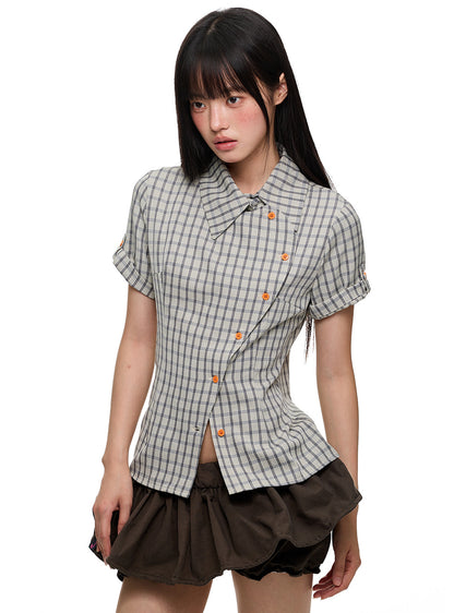 Diagonal Button Design Check Slim Shirt (5color)
