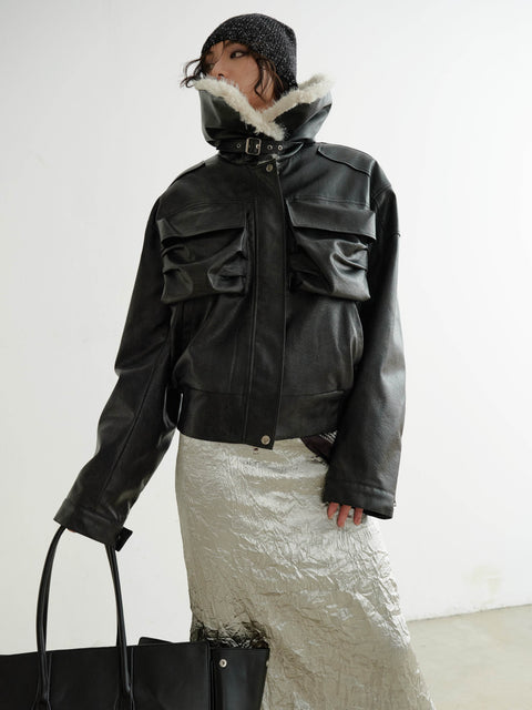 Faux Leather 3D Pocket Jacket With Fur Collar - My Store