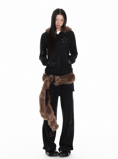 Velvet Star Fur Hooded Zip Up & Wide Casual Pants - My Store