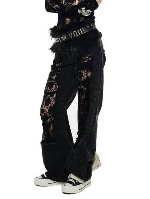 Blue & Black Ripped Lace Denim Jeans - My Store