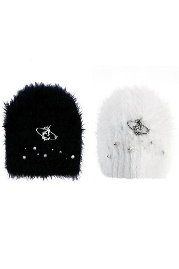 Pearl-Embellished Fuzzy Knit Beanie - My Store