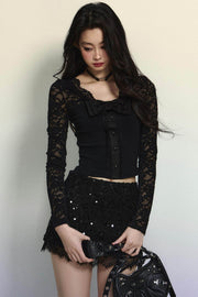 Slim Fit V-Neck Lace Cropped Top - My Store