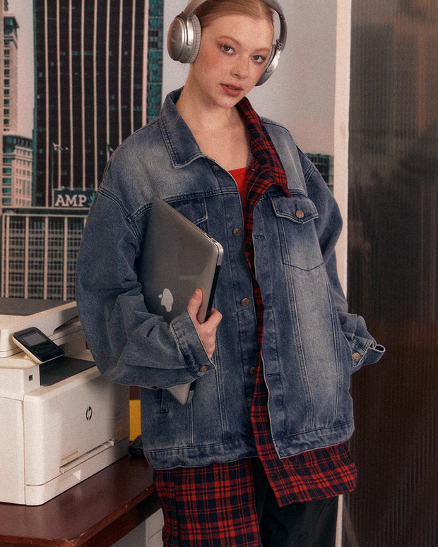 Denim Jacket Layered Check Shirt