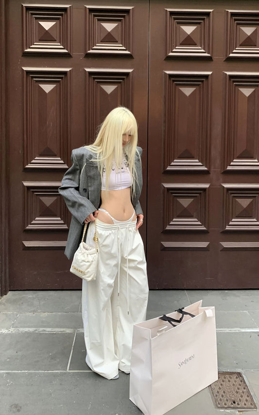 Deconstructed Double-Waistband White Cargo Trousers