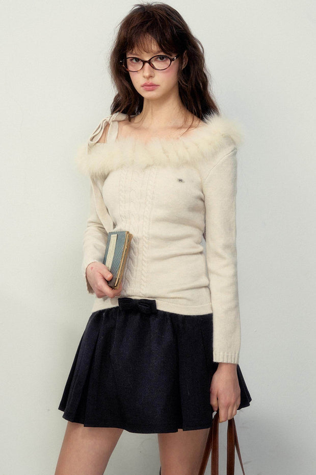 Fur Collar Slim Knit Sweater Top - My Store