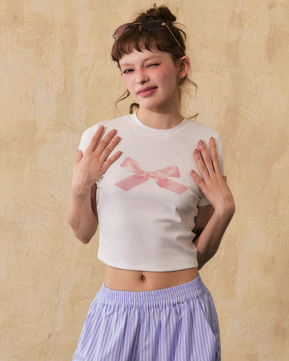 リボンプリントクロップTシャツ