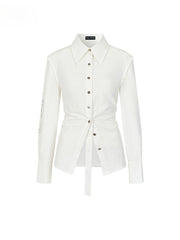 Diamond Waist Cinched White Long Sleeved Shirt