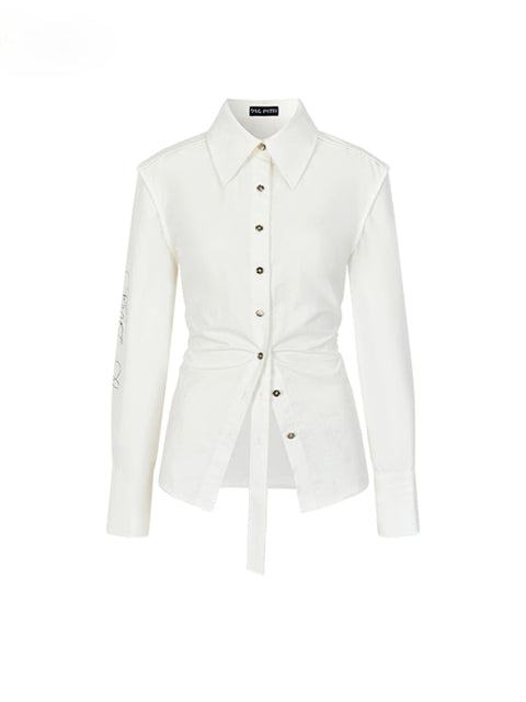 Diamond Waist Cinched White Long Sleeved Shirt