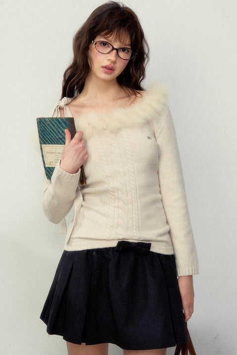 Fur Collar Slim Knit Sweater Top - My Store