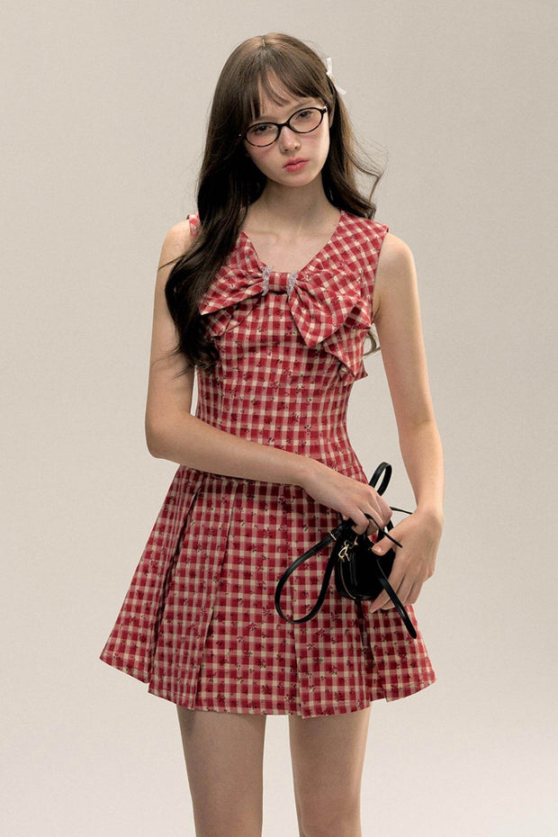 Red Check Floral Bow Vest Dress - My Store