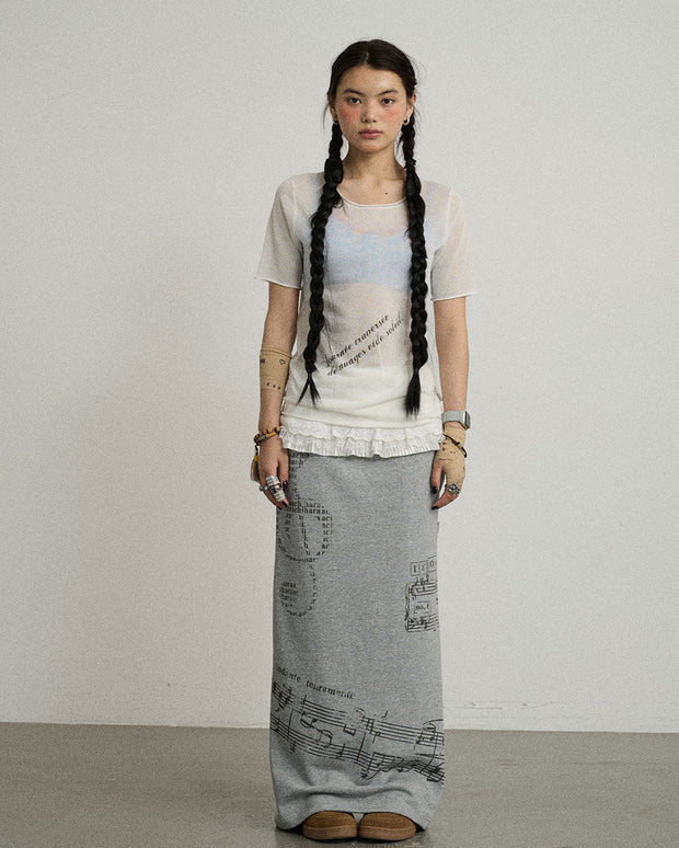 Music Note Pattern Banded Long Skirt (2color)