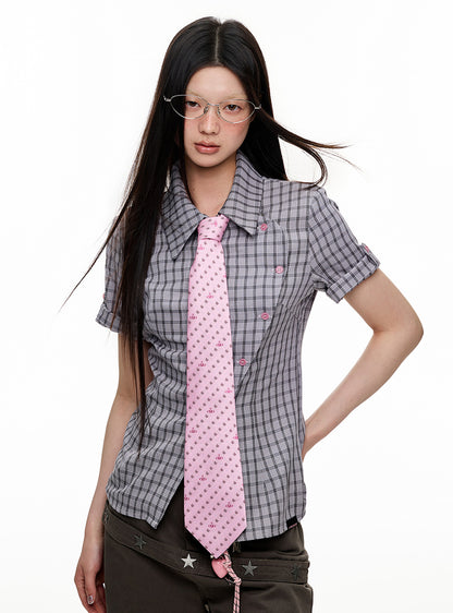 Diagonal Button Design Check Slim Shirt (5color)