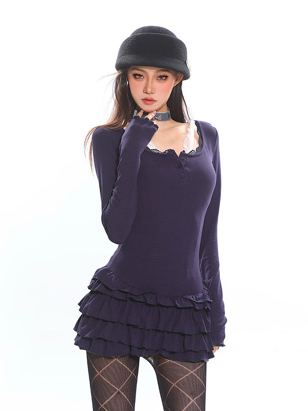 Tiered Ruffle Long Sleeve Mini Dress with Lace Trim