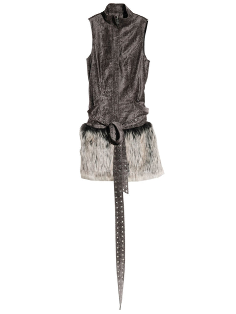 Sleeveless Zip-Up Belted Dress With Fur Skirt Hem - My Store