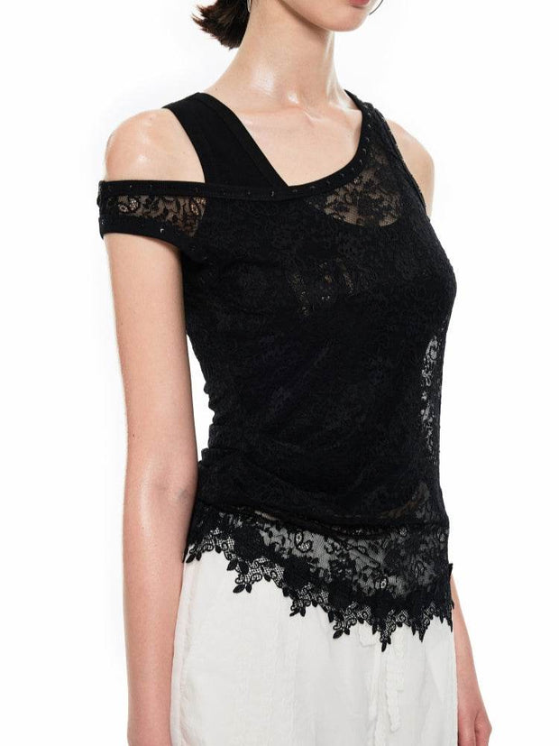 Black & White Asymmetric Lace Layered Tank Top - My Store